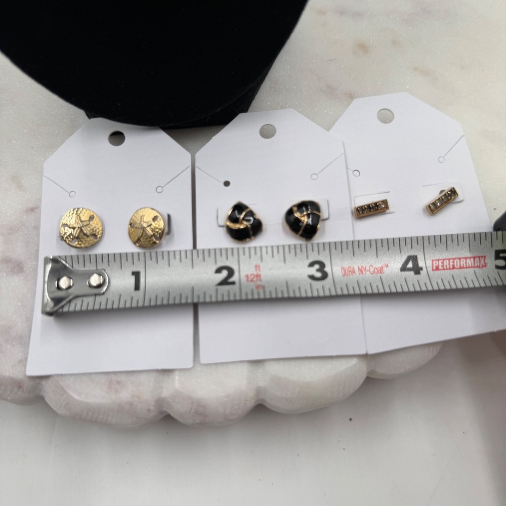 Gold Tone Stud Earring Set 3 Pairs Sand Dollar Black Enamel Crystal Bar Studs - Picture 6 of 6